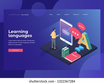 Concept on-line learning and teaching of foreign languages. Student stands in front of gadget near textbooks at English, French and letters of Latin alphabet. 3d isometric design. Landing Page.