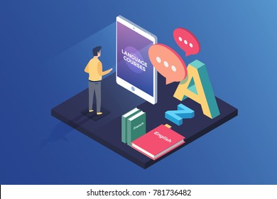 Concept on-line learning and teaching on theme of foreign languages. Student stands in front of gadget near textbooks at English, French and letters of Latin alphabet. 3d isometric flat design. Vector