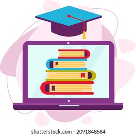 The concept of online learning, university, courses, college. A stack of books in a laptop and a graduate hat. Online education.