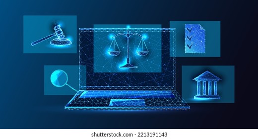 Concept Of Online Legal Advice, Attorney Service In Futuristic Glowing Low Polygonal Style On Dark Blue Background. Digital Law, Judgement System. Modern Wireframe Design Vector Illustration. 