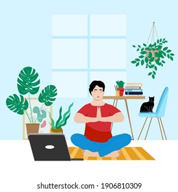 The concept of online lessons, learning from the comfort of your home. Plump woman practices yoga at home in front of a computer. Vector illustration flat style