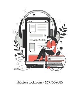 The concept of online library, bookstores. Applications for reading and downloading books, audiobooks. Vector illustration.