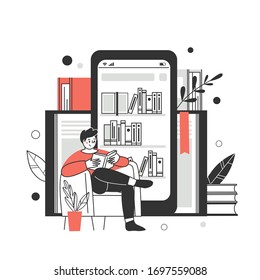 The Concept Of Online Library, Bookstores. Applications For Reading And Downloading Books, Audiobooks. Vector Illustration.