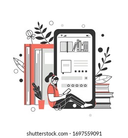 The Concept Of Online Library, Bookstores. Applications For Reading And Downloading Books, Audiobooks. Vector Illustration.