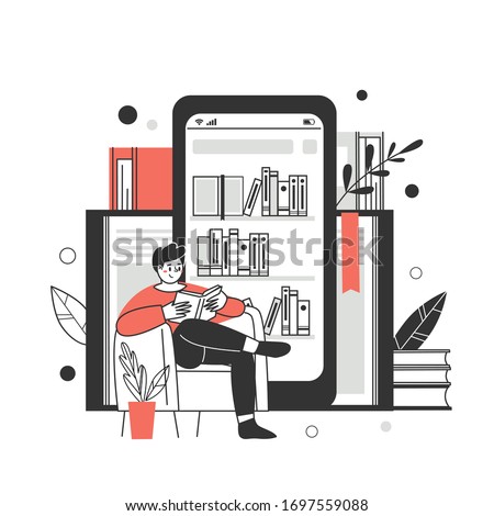 The concept of online library, bookstores. Applications for reading and downloading books, audiobooks. Vector illustration.