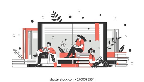 The concept of online library, bookstores, read more. Applications for reading and downloading books. Vector illustration. Reading characters.