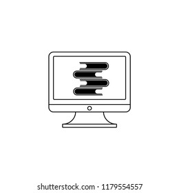 The concept of an online library. Computer and a stack of books. Vector linear icon in black.Vector illustration.