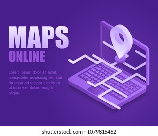 Concept online maps. Vector illustration isometric navigation map on screen laptop. Landing page digital gps plan city