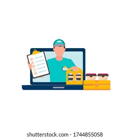 Concept online meal ordering during quarantine.  Contactless Delivery of food from courier to customer.  Vector Illustration for banner, web page, flayer, advertising