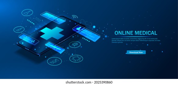 The concept of online medicine. Abstract vector in a futuristic polygonal style. Online medical consultation or consulting service, telemedicine, cardiology