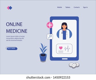 The concept of online medicine. Can be used for web banner, infographic, character image. Flat vector illustration. The doctor advises on the phone, prescribes medication.