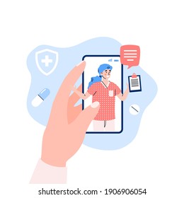 Concept of online medicine, distance medical consultation and treatment. Human hand hold smartphone with message from doctor on screen. Vector flat illustration