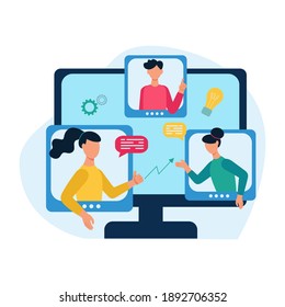 Concept of an online meeting, communication. People discuss work issues and ideas online. Team work online.  Flat cartoon vector illustration