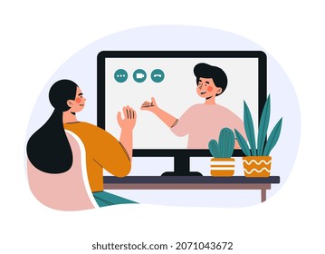 Concept of online meeting. Girl sits in front of monitor screen. Video call, remote communication. Business, colleagues, employees, brainstorming, conference. Cartoon flat vector illustration