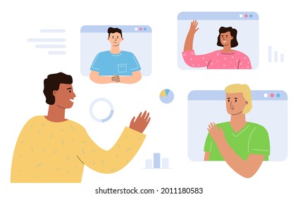 The concept of an online meeting, a video call of colleagues for a briefing.