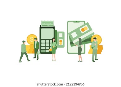 Concepto Ilustración vectorial de pagos en línea y móviles, documentos, tarjetas, carteles. recibo del pago mediante un smartphone, pago móvil, banca en línea. Diseño plano para sitio web y banner