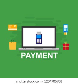 Concept Online and mobile payments for web page, social media, documents, cards, posters. Vector illustration pos terminal confirms the payment using a smartphone, Mobile payment, online banking.