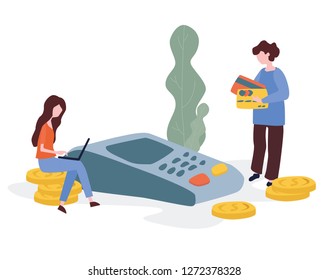 Concept Online and mobile payments for web page, social media, documents, cards, posters. Vector illustration pos terminal confirms the payment using a smartphone, Mobile payment, online banking.
