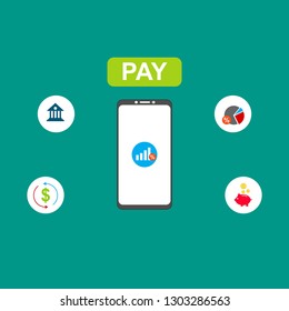Concept Online and mobile payments for web page, social media, documents, cards, posters. Vector illustration pos terminal confirms the payment using a smartphone, Mobile payment, online banking.