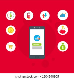 Concept Online and mobile payments for web page, social media, documents, cards, posters. Vector illustration pos terminal confirms the payment using a smartphone, Mobile payment, online banking.