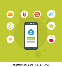 Concept Online and mobile payments for web page, social media, documents, cards, posters. Vector illustration pos terminal confirms the payment using a smartphone, Mobile payment, online banking.