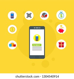 Concept Online and mobile payments for web page, social media, documents, cards, posters. Vector illustration pos terminal confirms the payment using a smartphone, Mobile payment, online banking.