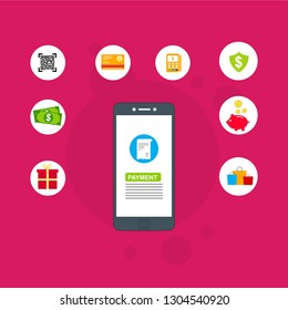 Concept Online and mobile payments for web page, social media, documents, cards, posters. Vector illustration pos terminal confirms the payment using a smartphone, Mobile payment, online banking.