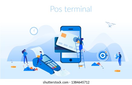 Concept Online and mobile payments for web page, social media, documents, cards, posters. Vector illustration pos terminal confirms the payment using a smartphone, Mobile payment, online banking.
