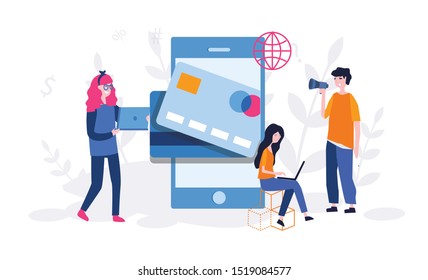 Concept Online and mobile payments for web page, social media, documents, cards, posters. Vector illustration people using a smartphone and laptop, Mobile payment, online banking. 
