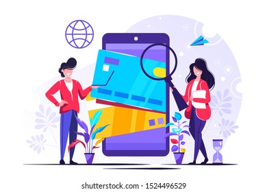 Concept Online and mobile payments for web page, social media, documents, cards, posters. Vector illustration people using a smartphone and laptop, Mobile payment, online banking.