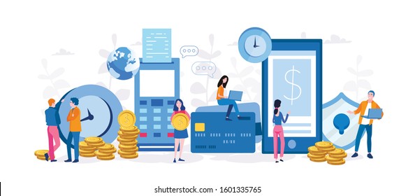 Concept Online and mobile payments for web page, social media, documents, cards, posters. Vector illustration pos terminal confirms the payment using a smartphone, Mobile payment, online banking. 
