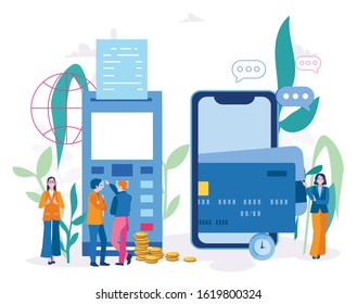 Concept Online and mobile payments for web page, social media, documents, cards, posters. Vector illustration pos terminal confirms the payment using a smartphone, Mobile payment, online banking. 
