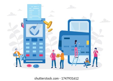 Concept Online and mobile payments for web page, social media, documents, cards, posters. Vector illustration pos terminal confirms the payment using a smartphone, Mobile payment, online banking. 
