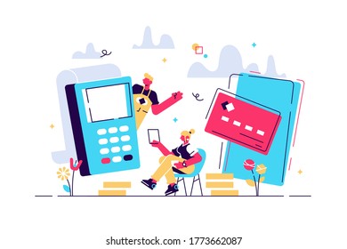 Concept Online and mobile payments for web page, social media, documents, cards, posters. Vector illustration pos terminal confirms the payment using a smartphone, Mobile payment, online banking.n