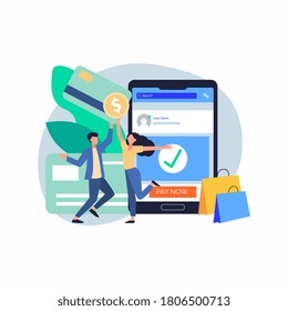 Concept Online and mobile payments for web page, social media, documents, cards, posters. Vector illustration pos terminal confirms the payment using a smartphone, Mobile payment, online banking.