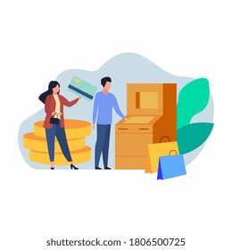 Concept Online and mobile payments for web page, social media, documents, cards, posters. Vector illustration pos terminal confirms the payment using a smartphone, Mobile payment, online banking.