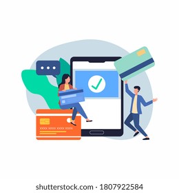 Concepto Pagos en línea y móviles para página web, medios sociales, documentos, tarjetas, afiches. Vector ilustración pos terminal confirma el pago usando un smartphone, pago móvil, banca en línea.