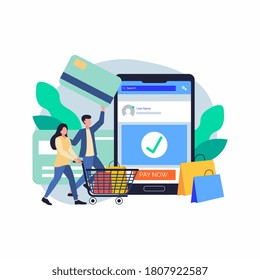 Concept Online and mobile payments for web page, social media, documents, cards, posters. Vector illustration pos terminal confirms the payment using a smartphone, Mobile payment, online banking.