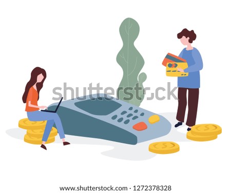 Concept Online and mobile payments for web page, social media, documents, cards, posters. Vector illustration pos terminal confirms the payment using a smartphone, Mobile payment, online banking.

