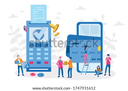 Concept Online and mobile payments for web page, social media, documents, cards, posters. Vector illustration pos terminal confirms the payment using a smartphone, Mobile payment, online banking. 
