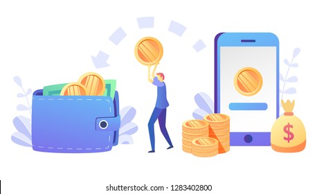Concept online money transfer, mobile payments for web page, banner, presentation, social media, documents, cards, posters. Vector illustration mobile banking,e payment, cash back,  cryptocurrency