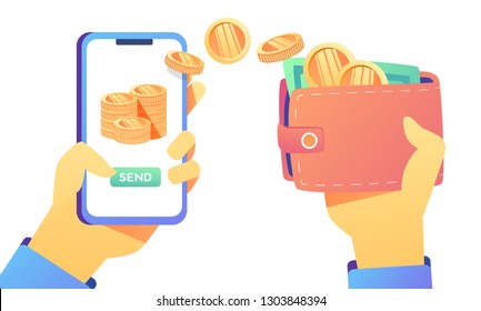 Concept online money transfer, mobile payments for web page, banner, presentation, social media, documents, cards, posters. Vector illustration mobile banking,e payment, cash back,  cryptocurrency