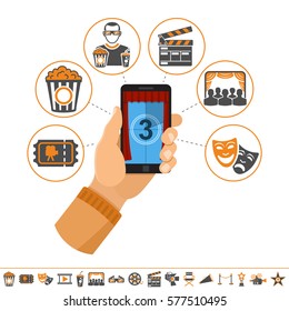 Concept online movie, man holding smartphone vertically in hand with curtain and countdown on screen, isolated vector flat and two color icon illustration