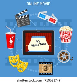 Concept online movie, tablet pc with cinema on screen, flat icon style, isolated vector illustration