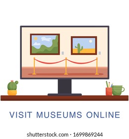 Concept of an online museum, paintings on a computer screen.