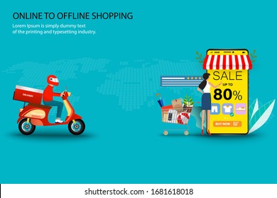 Concept of online to offline shopping, a man riding a scooter and a woman touching the screen of smartphone that the display contain discount rate, list of products, customer rating and review.