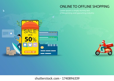 Concept of online to offline shopping, scooter man deliver the goods to young man whom standing near big screen of smartphone that contain discount rate, list of products, customer rating and reviews.