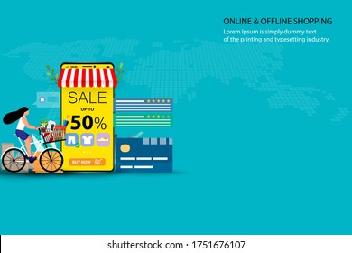 Concept of online and offline shopping, young woman riding a bicycle to pick up the goods at store that already ordered from phone's application and select option pick up at store in green background.