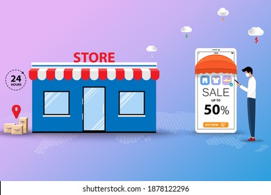 Concept of online to offline shopping, young man wear a medical face mask and hold a smartphone to order a new shoe and going to pick up at store in pink and blue shade background.
