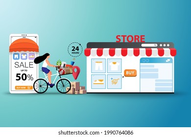 Concept of online to offline shopping, young women wear a medical face mask and ride a bicycle to order the goods and going to pick up at store in green color background.